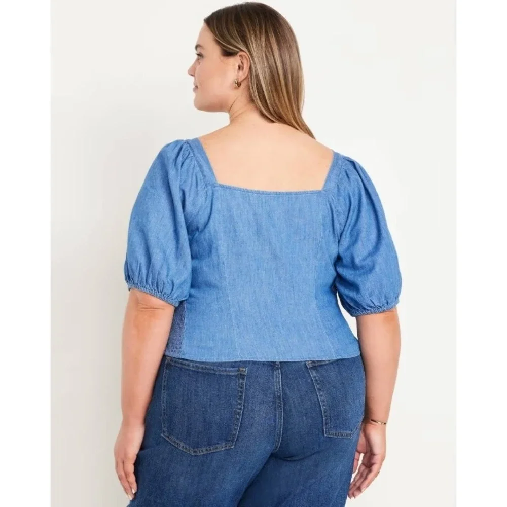 Old Navy Milkmaid Denim Chambray Puff Sleeve Square Neck Button Front Top 3X